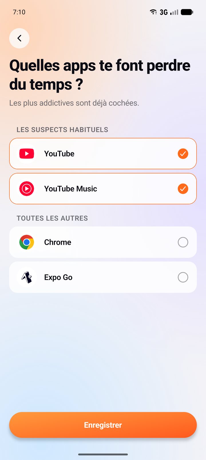 Choix des apps à mettre en pause